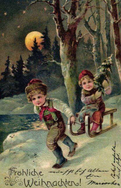 Weihnachten, Kinder mit Schlitten, Prägekarte, 1907