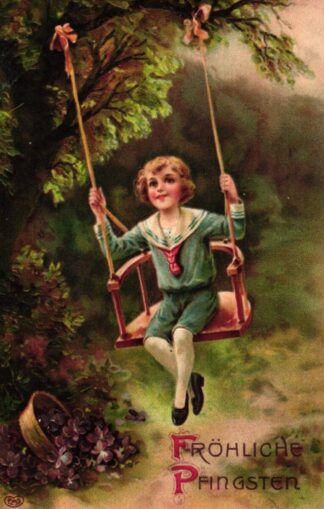 Pfingsten, Junge auf einer Schaukel, Prägekarte, 1912