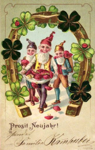 Neujahr, Zwerge, Fliegenpilze, Prägekarte, 1906